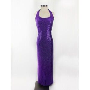 GUNNE SAX Jessica McClintock Purple Sparkle Halter Maxi Slit Dress Gown Size 7/8